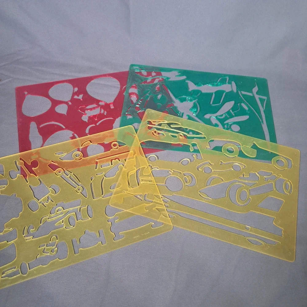 VTG Plastic Drawing Stencils Set 4 Cars Planes Hot Air Balloons Art Craft Retro